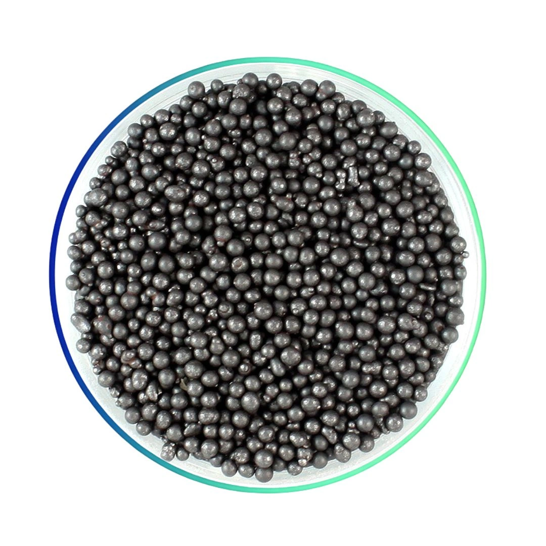 spherical steel shot in a round, colorful frame