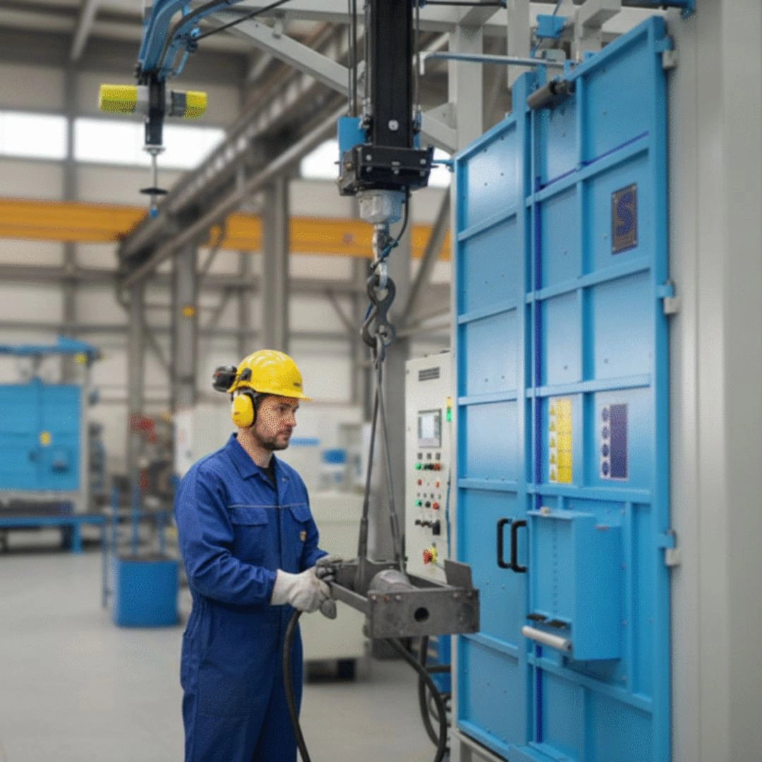 Employee, shot-blasting machine operator at work.