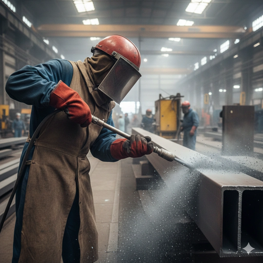 Operátor tryskačky tryská ocel.