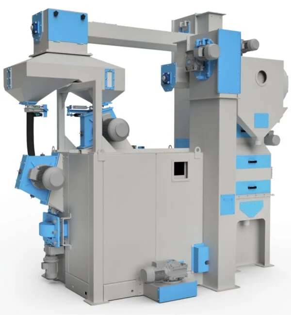 Stolová tryskačka s tryskacími turbínami TZS Kovo Staněk s otočným stolem – tryskací komora s turbínami a systémem oběhu abraziva.