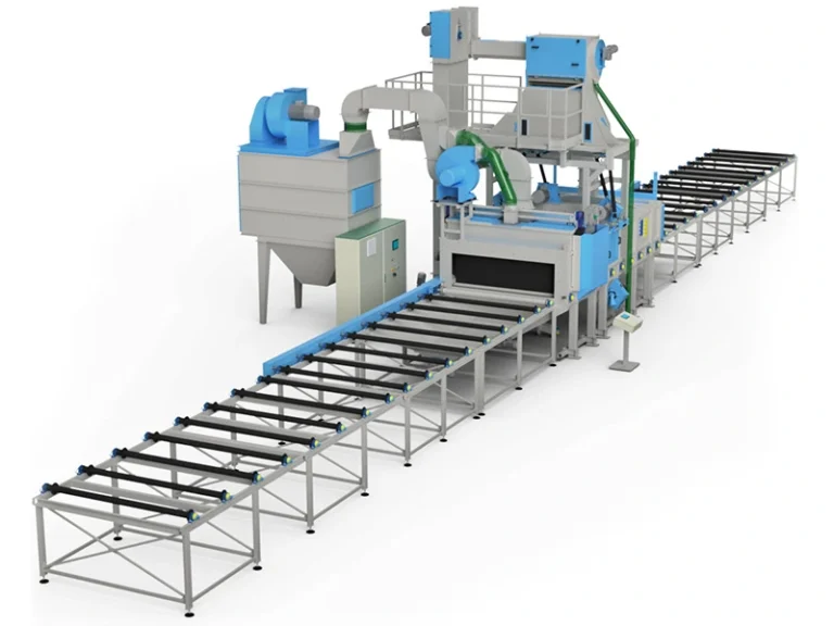 Průběžná tryskačka TZNP (válečková tryskačka) s dlouhým válečkovým dopravníkem, odprašováním a oběhem abraziva.