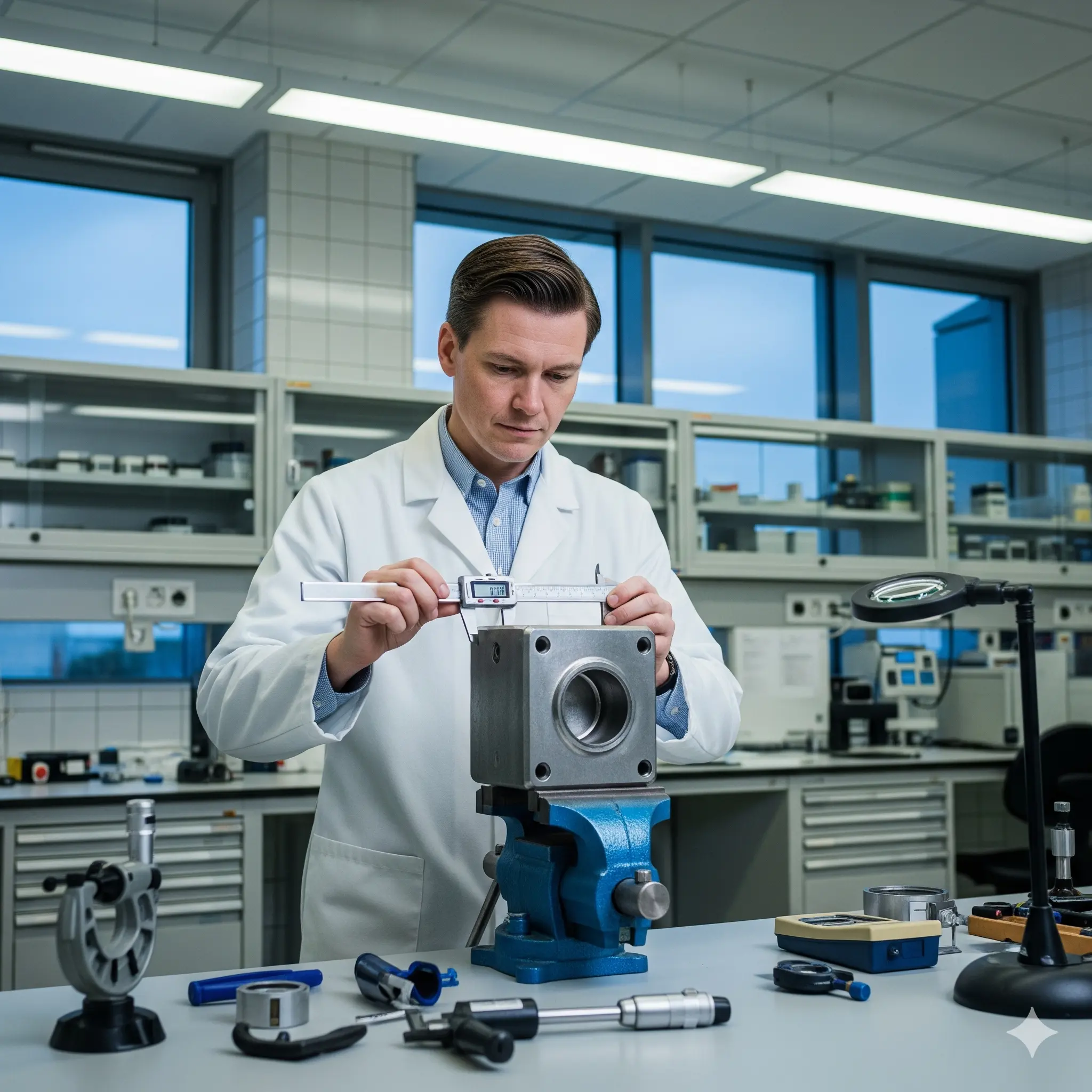 Technological tests in the Alumetal-Technik laboratory Laboratory employee performing abrasive measurements during technological tests