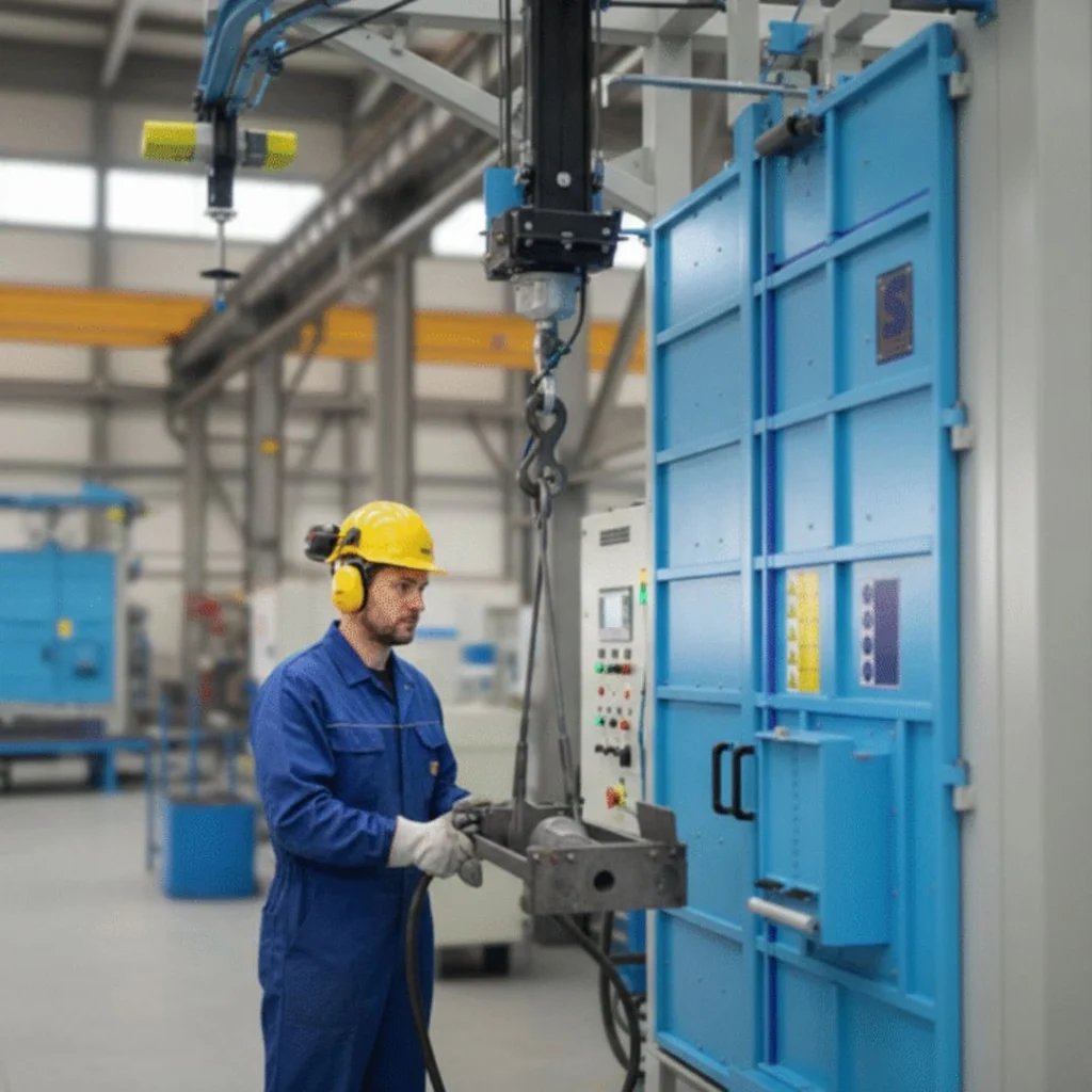 Pracovník, operátor tryskačky při práci.