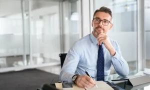 A thoughtful man in an office.
