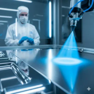 Člověk v masce a čepici, pracovník technické laboratoře.