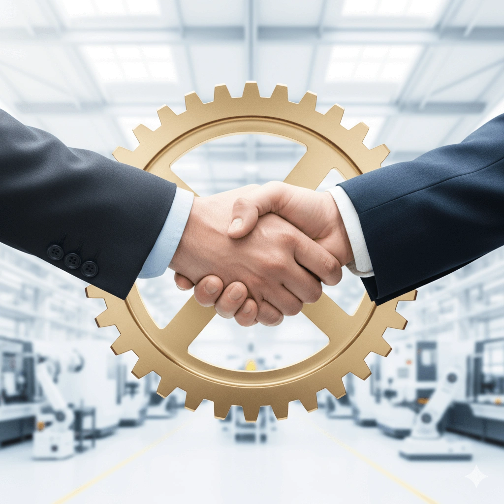 Podání ruky na pozadí ozubeného kola.