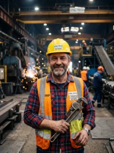 Operator śrutownicy na hali przemysłowej. 